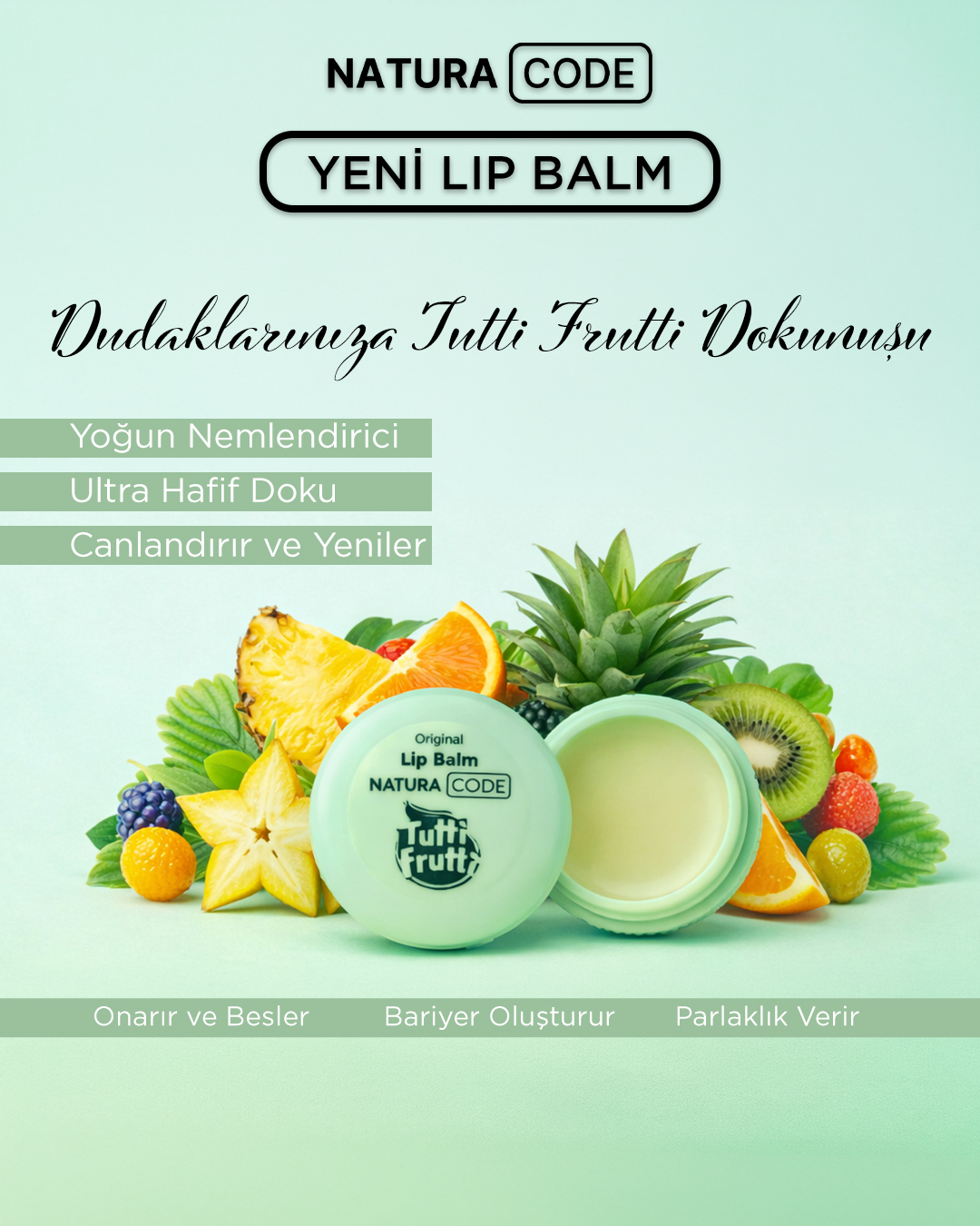 NATURA CODE Tutti Frutti Aromalı Lip Balm – Yoğun Nemlendirici & Parlak Görünüm